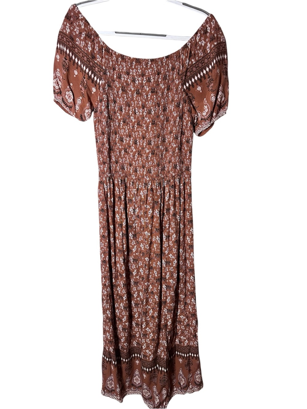 Boho Floral Smocked Maxi Dress XL Off Shoulder Puff Sleeve Peasant Cottagecore - Picture 2 of 8